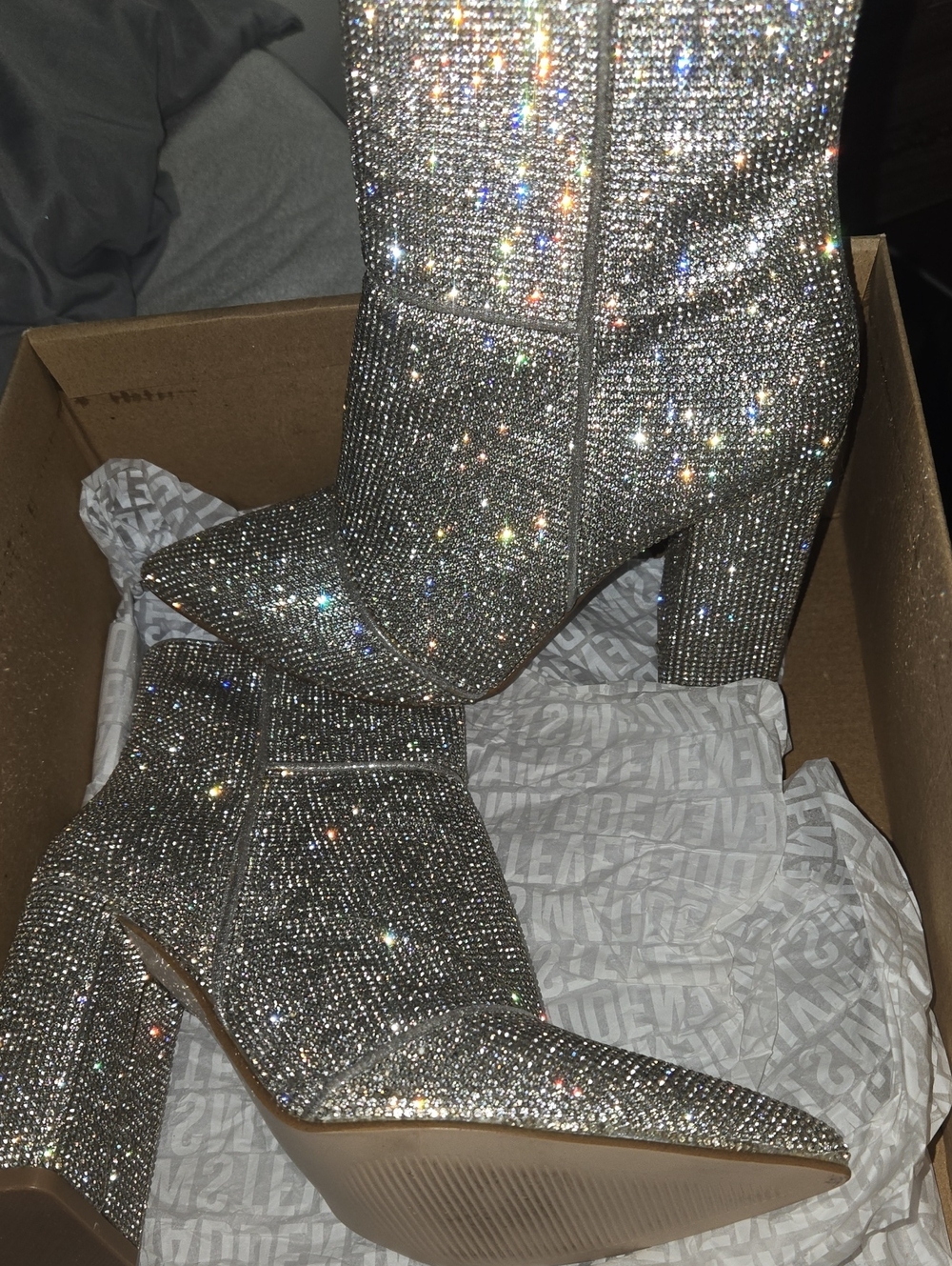 Steve Madden Silver Rhinestone Pointed Block Heel Boots